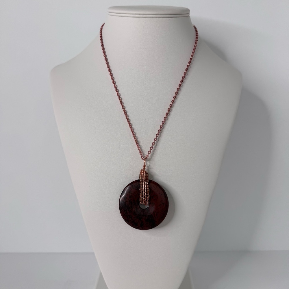 Hand Crafted Mahogany Jasper Wire Wrapped Focal Necklace with Beads 24” 45mm NWT - Picture 4 of 6